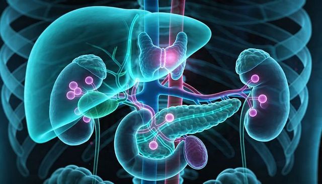 Translucent Anatomy Rendering Showing Liver Pancreas Kidneys with Highlighted Lymph Nodes
