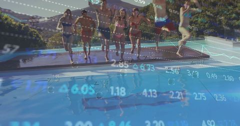 Friends Jumping in Pool Amid Digital Stock Market Overlay