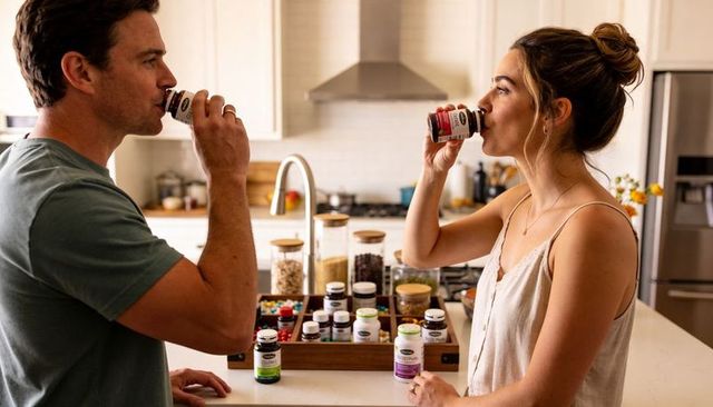 Couple drinking wellness supplements at kitchen island morning routine for healthy living