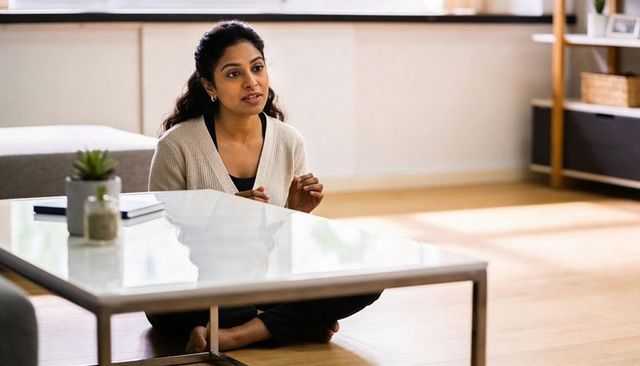 Indian woman sitting on living room floor talking and gesturing during virtual meeting