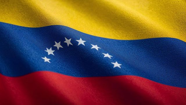 Waving Venezuelan Flag Close-up Showing Eight Stars and Woven Tricolor Fabric Texture