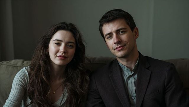 Sitting couple sharing intimate moment on sofa with moody lighting and warm expressions