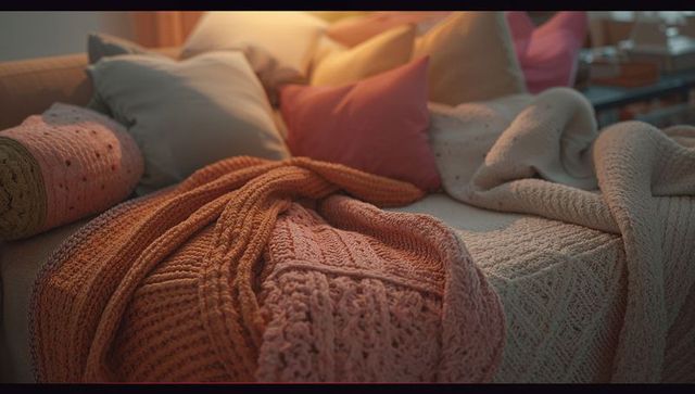 Cozy cable knit blankets and pastel pillows in warm bedroom