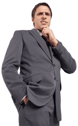 Transparent Thoughtful Businessman With Hand on Chin in Formal Suit