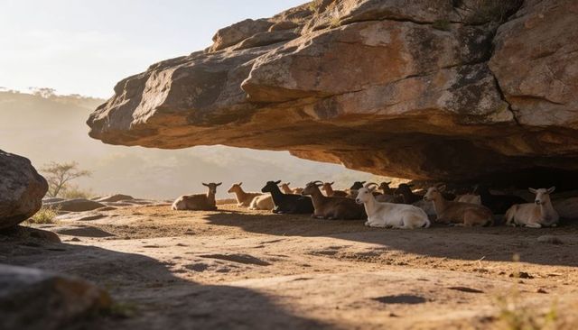 Goat herd sheltering under overhanging sandstone boulder at sunrise in semi-arid landscape