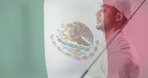 Mexican pride: calm golfer holding club with flag overlay