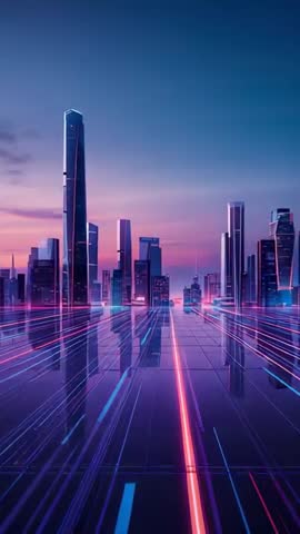 Gliding vertical drone over neon-fused futuristic skyline at dusk with reflective plaza