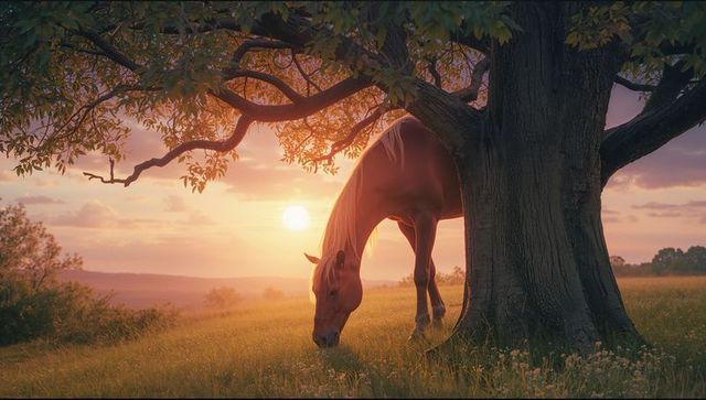 Chestnut Horse Grazing Under Tree at Sunset in Tranquil Meadow