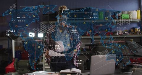 Female Automotive Engineer Reviewing Diagnostics with Holographic Global Data Overlay