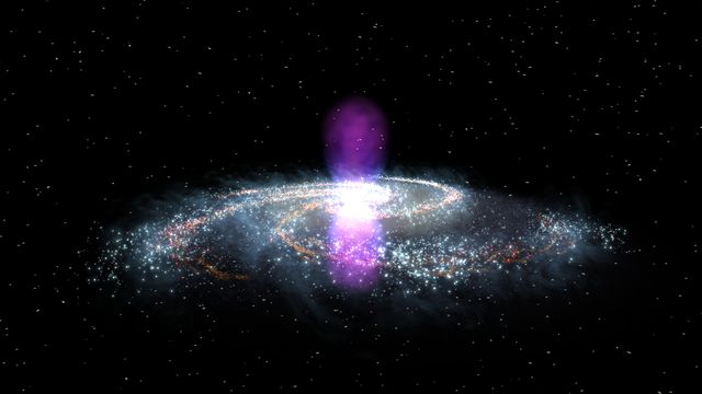 Recently discovered gigantic gamma-ray emitting bubbles extend above and below the center of the Milky Way galaxy. These enormous structures, uncovered using data from NASA's Fermi Gamma-ray Space Telescope, measure 25,000 light-years in height each and may only be a few million years old. Scientists theorize these mysterious features could result from massive star formation bursts or the activity of a supermassive black hole. This captivating celestial wonder is excellent in educational material or presentations about cosmic phenomena and space exploration.