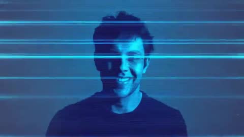 Smiling man scanned by moving cyan lines in futuristic headshot video