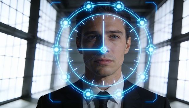 Executive standing with holographic biometric hud overlay in industrial atrium