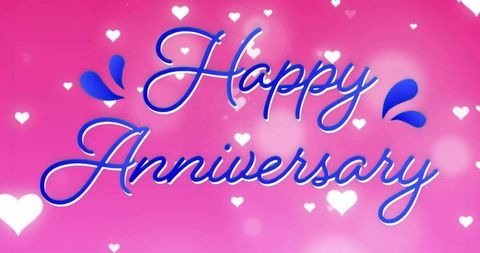Happy Anniversary Elegant Blue Script on Pink Heart Bokeh Background for Romantic Greeting