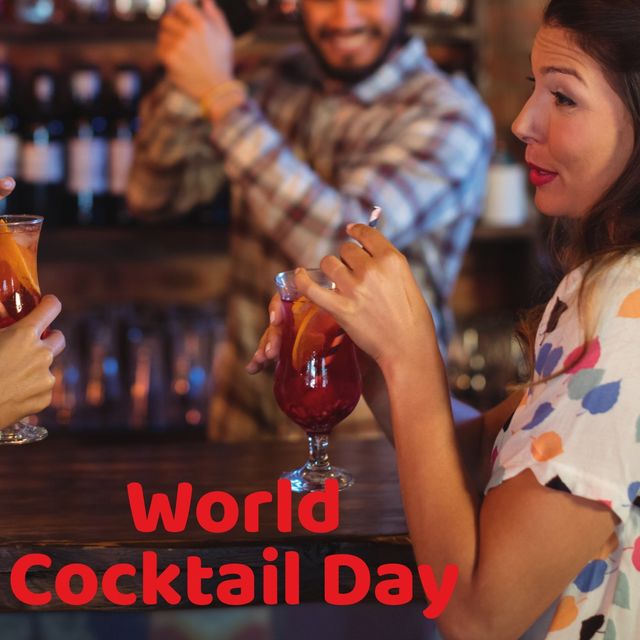Celebratory atmosphere at a bar with friends enjoying cocktails on World Cocktail Day. Ideal for highlighting themes of friendship, social gatherings, and festive events. Can be used for promoting cocktail recipes, bar events, social media posts about World Cocktail Day, and advertisements for nightlife and party planning.