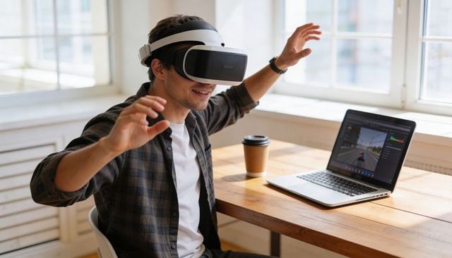 Young man wearing vr headset reaching and testing racing simulation in bright home office