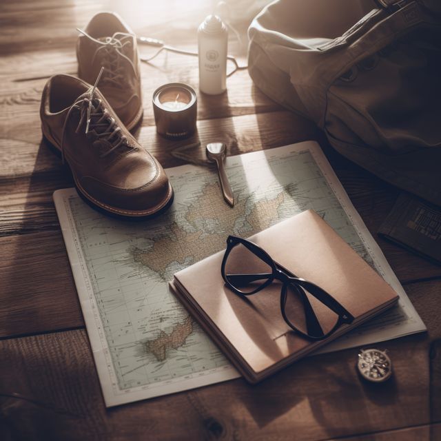 Rucksack, walking shoes, glasses, notebook, compass and map, created using generative ai technology. Travel, adventure, exploration and vacations, digitally generated image.