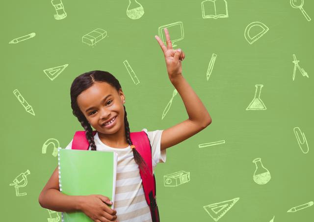 Young girl smiling confidently, holding notebook against green background with educational icons. Perfect for back-to-school campaigns, educational materials, children's educational websites, or advertisements focused on learning and kids' activities.