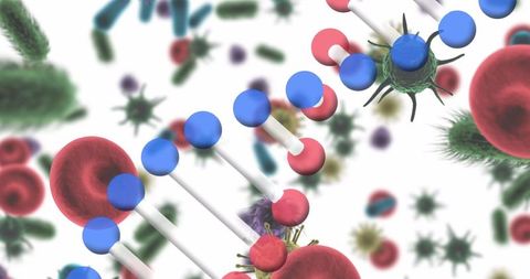 Colorful dna strand surrounded by blood cells and bacteria in digital art