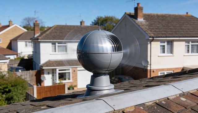 Metallic spherical wind-driven roof ventilator spinning on suburban ridge for ventilation