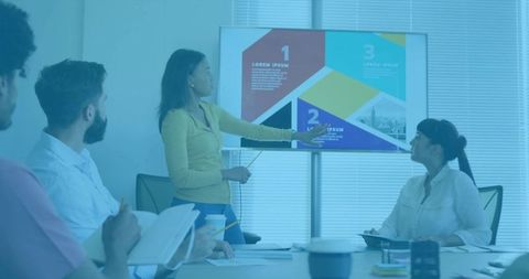 Professional businesswoman presenting infographic to team in boardroom