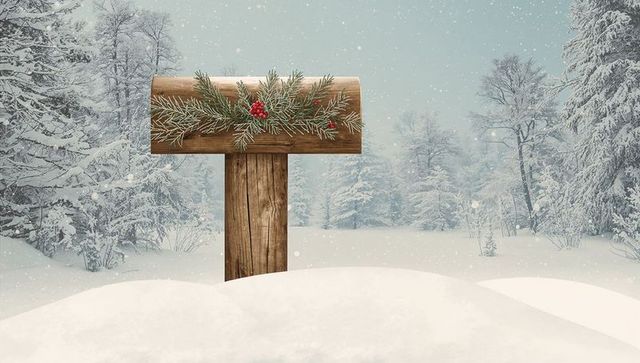 Standing weathered wooden signpost featuring frosted garland and red berries in snowy forest