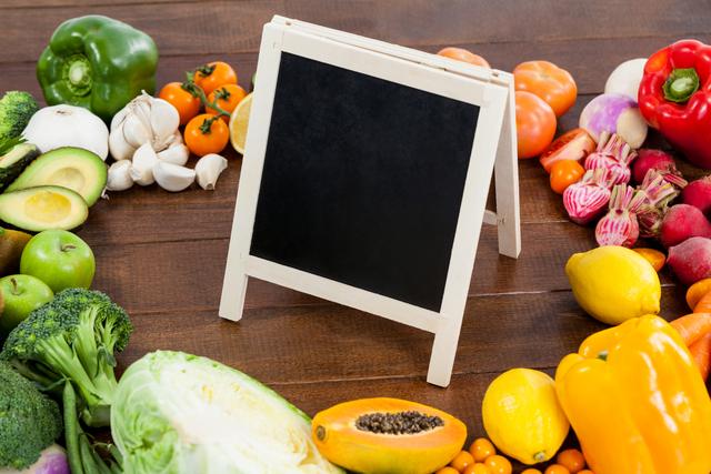 Chalkboard surrounded by a variety of fresh fruits and vegetables including peppers, apples, broccoli, and citrus on a wooden table. Perfect for use in restaurant menus, health food blogs, grocery store advertisements, and nutrition education materials.
