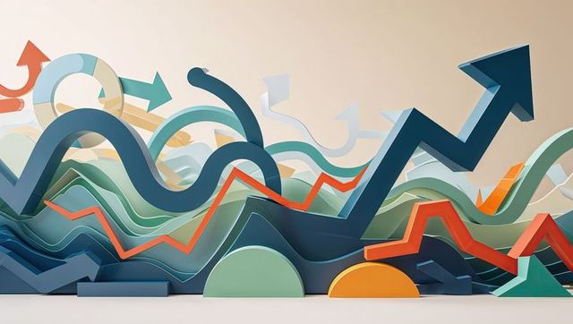 Dynamic multicolored 3d arrows and waveforms sculptural art