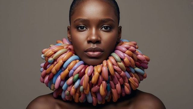 Model wearing sculptural colorful bead collar, glossy editorial fashion portrait with bold texture