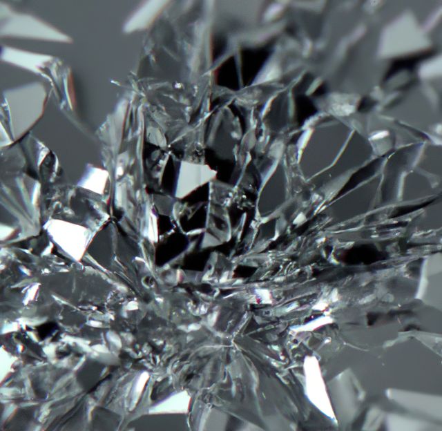 This visually striking image showcases a close-up view of shattered glass fragments, displaying a multitude of reflective and irregularly shaped pieces. The high contrast and intricate details create a dynamic and abstract texture. This image can be used effectively for backgrounds, digital art projects, or to convey themes of fragility, destruction, or transformation.