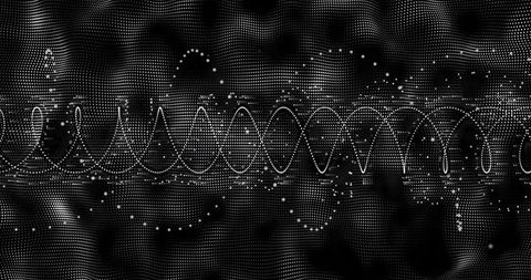 Monochrome data waveform pulsing across digital mesh with central sinusoidal signal