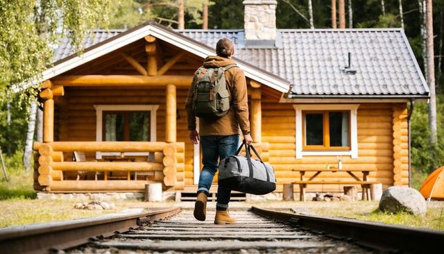 Male hiker walking along railroad tracks carrying duffel toward cozy log cabin retreat