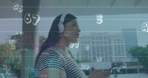 Woman Enjoying Music with Overlay of Statistical Data in Urban Landscape