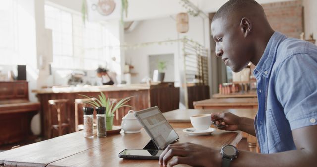 Young Man Working on Tablet in Cozy Coffee Shop - Download Free Stock Images Pikwizard.com