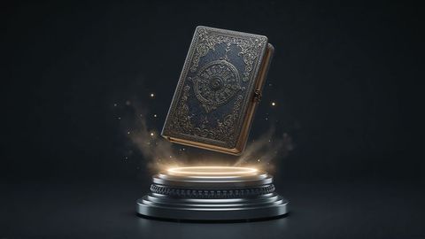 Hovering ancient book above illuminated pedestal with mystical sparks