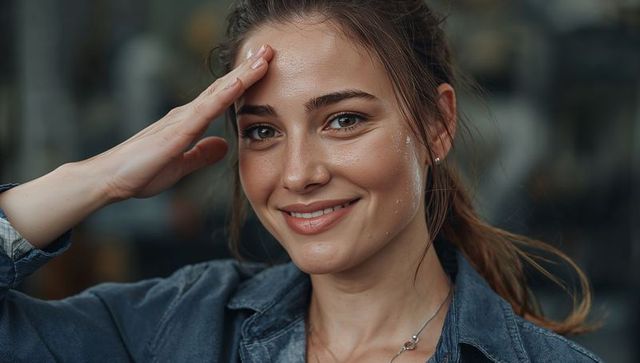 Smiling young woman raising hand to brow showing sweat droplets denim shirt closeup