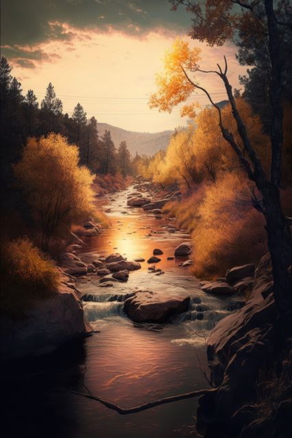 Scenic landscape with river creek in autumn trees, created using generative ai technology. Nature, scenery and beauty in nature concept digitally generated image.