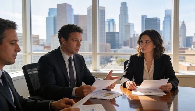 Executives discussing strategy in high-rise boardroom holding reports with city skyline backdrop