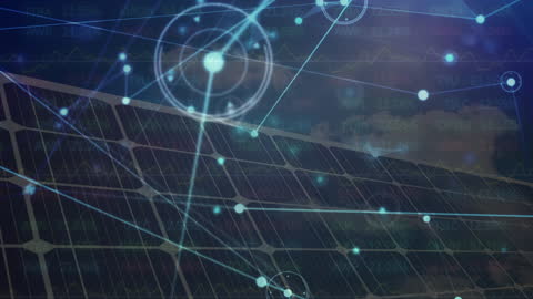 Network Connections Overlaid on Solar Panels with Cloudy Sky