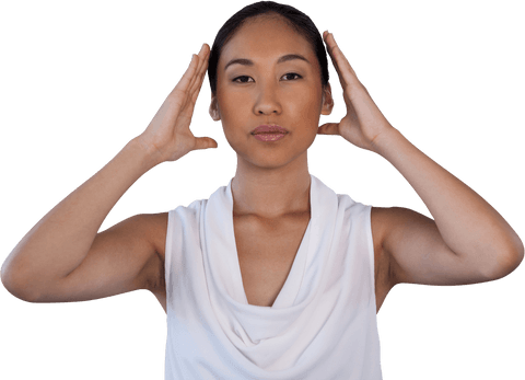 Transparent Woman Adjusting Invisible Headphones in Office Attire