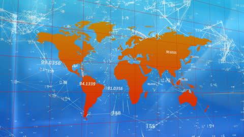 Digital World Map with Data Overlay on Blue Background