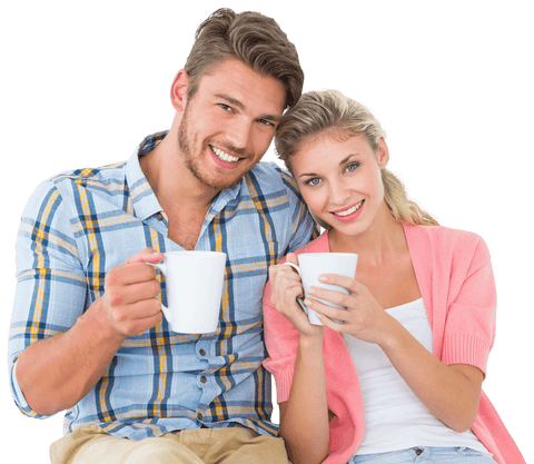 Smiling Young Couple Holding Mugs on Transparent Background