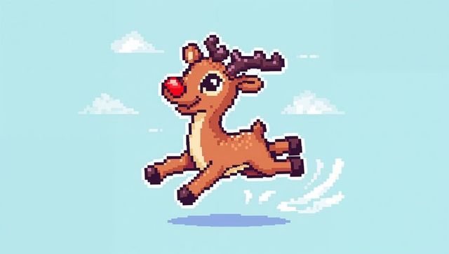 Leaping pixel-art reindeer with red nose retro 8-bit christmas game character