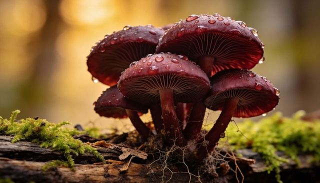 Purple mushrooms clustering on mossy log with dew droplets and delicate mycelium