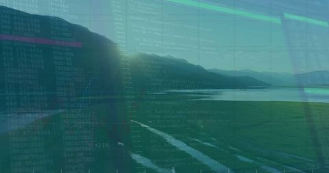 Holographic Code Overlay with Graphic Analysis Over Serene Lakeside at Dawn