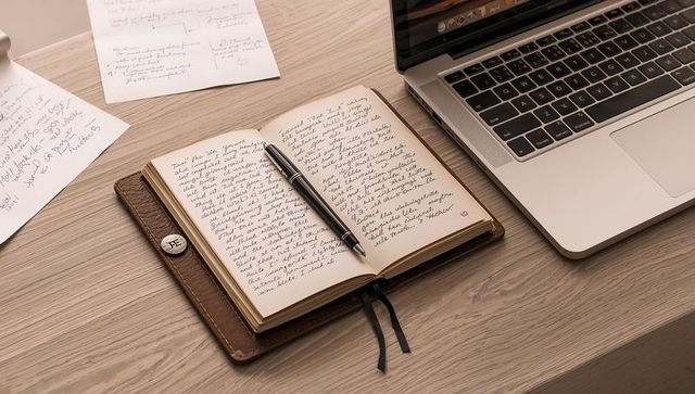 Open leather journal with cursive handwriting and pen resting beside laptop on wood desk