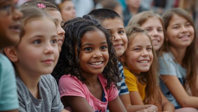 Smiling diverse elementary classmates sitting front row watching school assembly performance