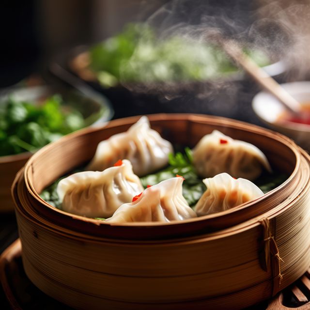 Steaming dumplings in a bamboo steamer allows them to cook evenly while retaining their authentic flavor and soft texture. Ideal for food blogs, Asian restaurant menus, cooking books, cultural presentations, dining experience promotions, and culinary magazines.