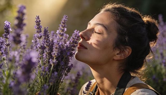 Sunlit woman smelling lavender bouquet in field during golden hour