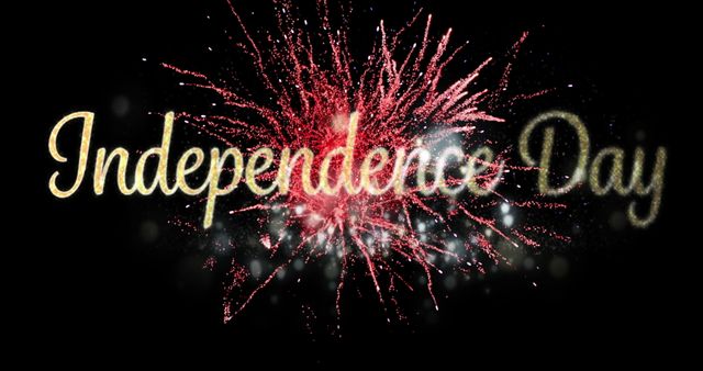 Golden 'Independence Day' text glows amidst red fireworks on black background, creating a celebratory and festive vibe. Perfect for designing greeting cards, posters, or social media posts celebrating national holidays.