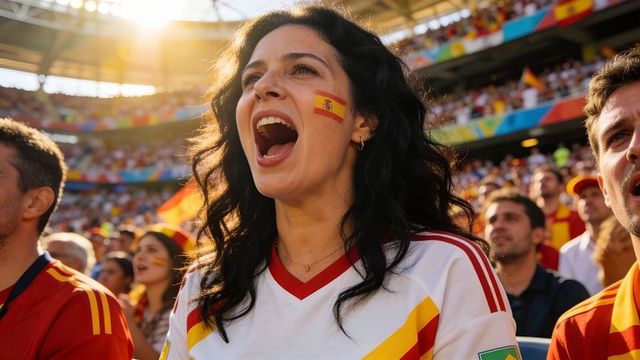 Cheering hispanic woman supporting spain in red yellow jersey among sunlit stadium crowd